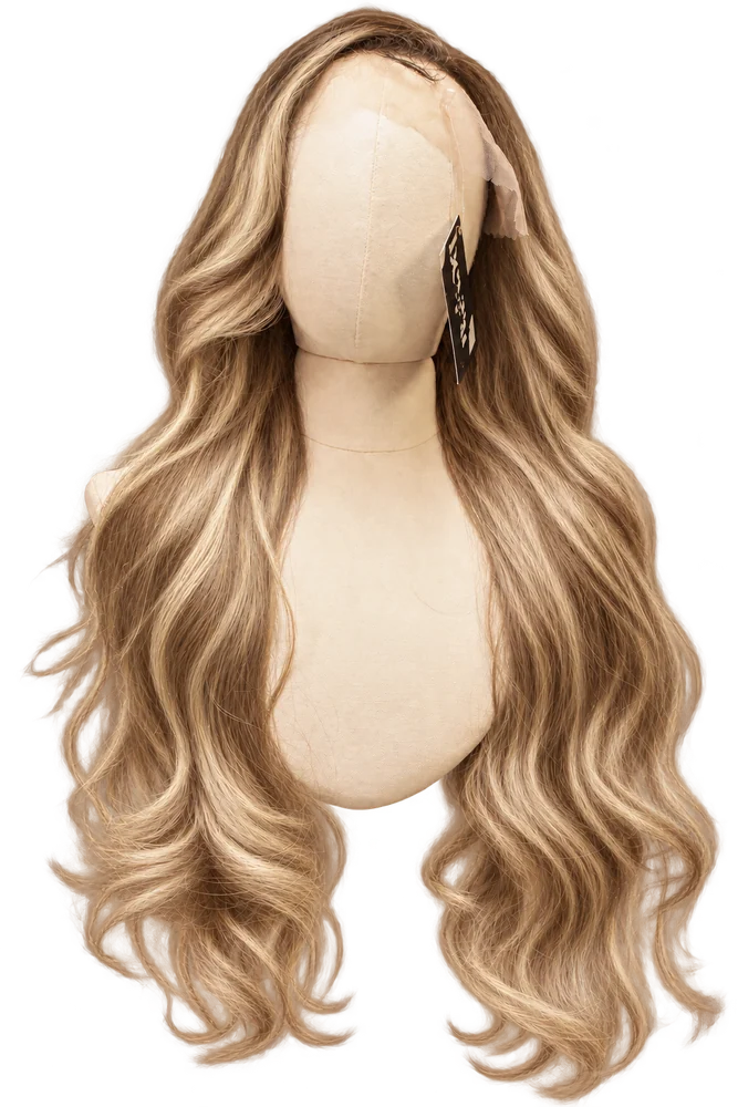 Beige-honey blonde colour variant of the long chocolate wavy wig