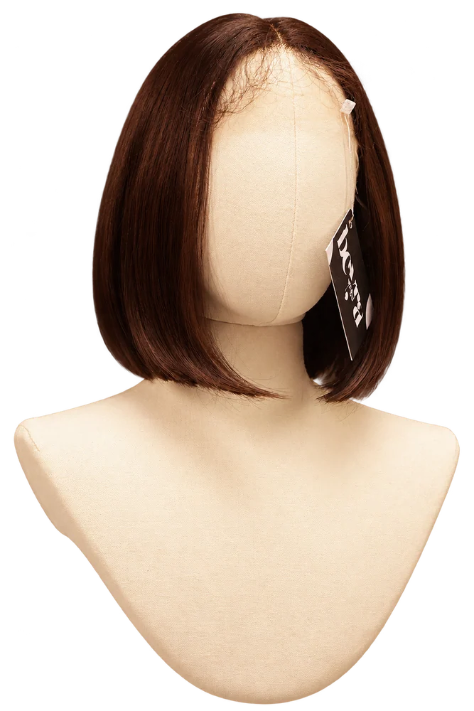 Complete deep brown straight bob wig on a cream canvas mannequin