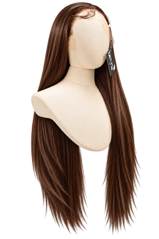 Full-length chocolate brown colour variant of the long straight wine wig