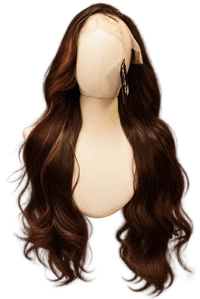 Full-length dark chocolate wavy wig on a beige mannequin