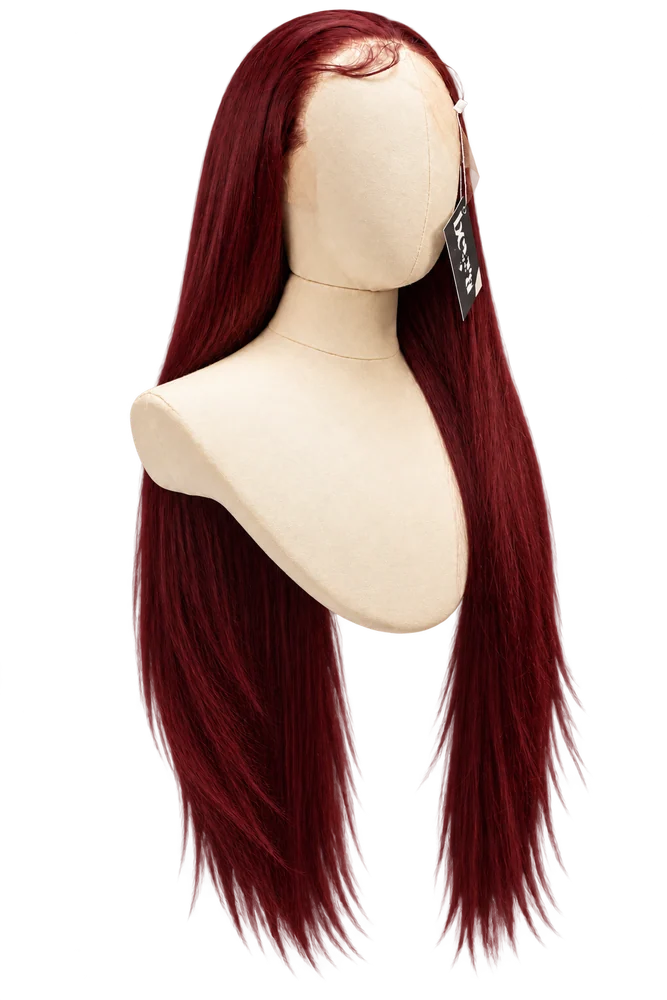 Complete red-wine straight wig, showing the crown and all hair tips
