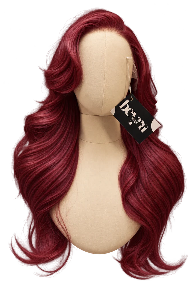 Wine-coloured version of the front-facing pink wavy wig